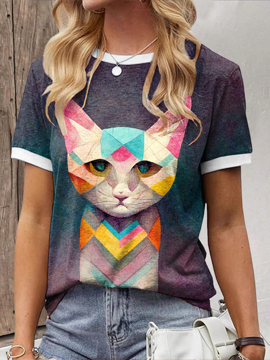 Women's Geometric Art Cat Print T-Shirt