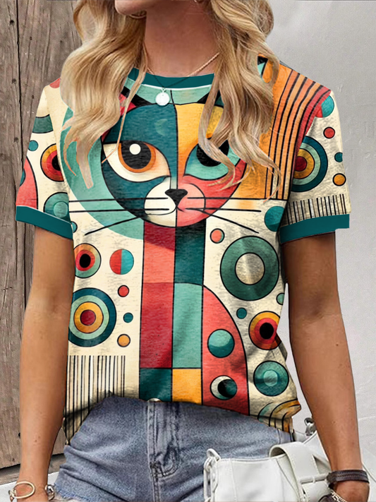 Women's Geometric Art Cat Print T-Shirt