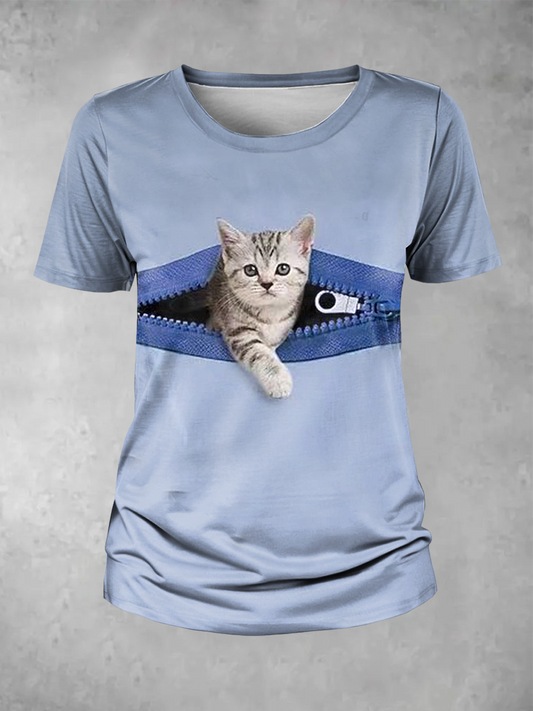 Women's Funny Zipper Cat Print T-Shirt