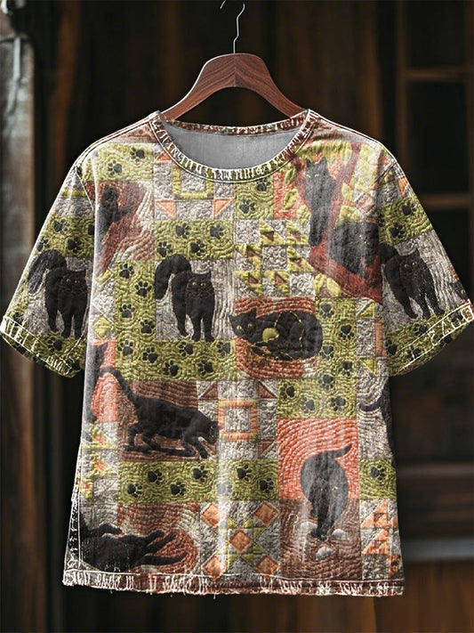 Women's Artistic Cat Patchwork Design Print T-Shirt