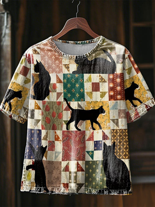 Women's Artistic Cat Patchwork Design Print T-Shirt