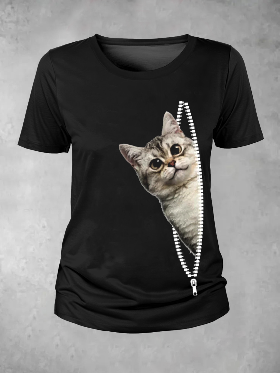 Women's Funny Zipper Cat Print T-Shirt