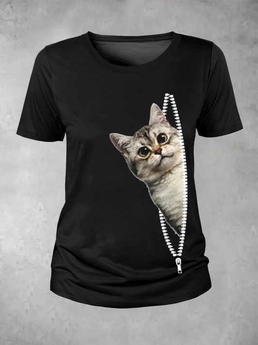 Women's Funny Zipper Cat Print T-Shirt