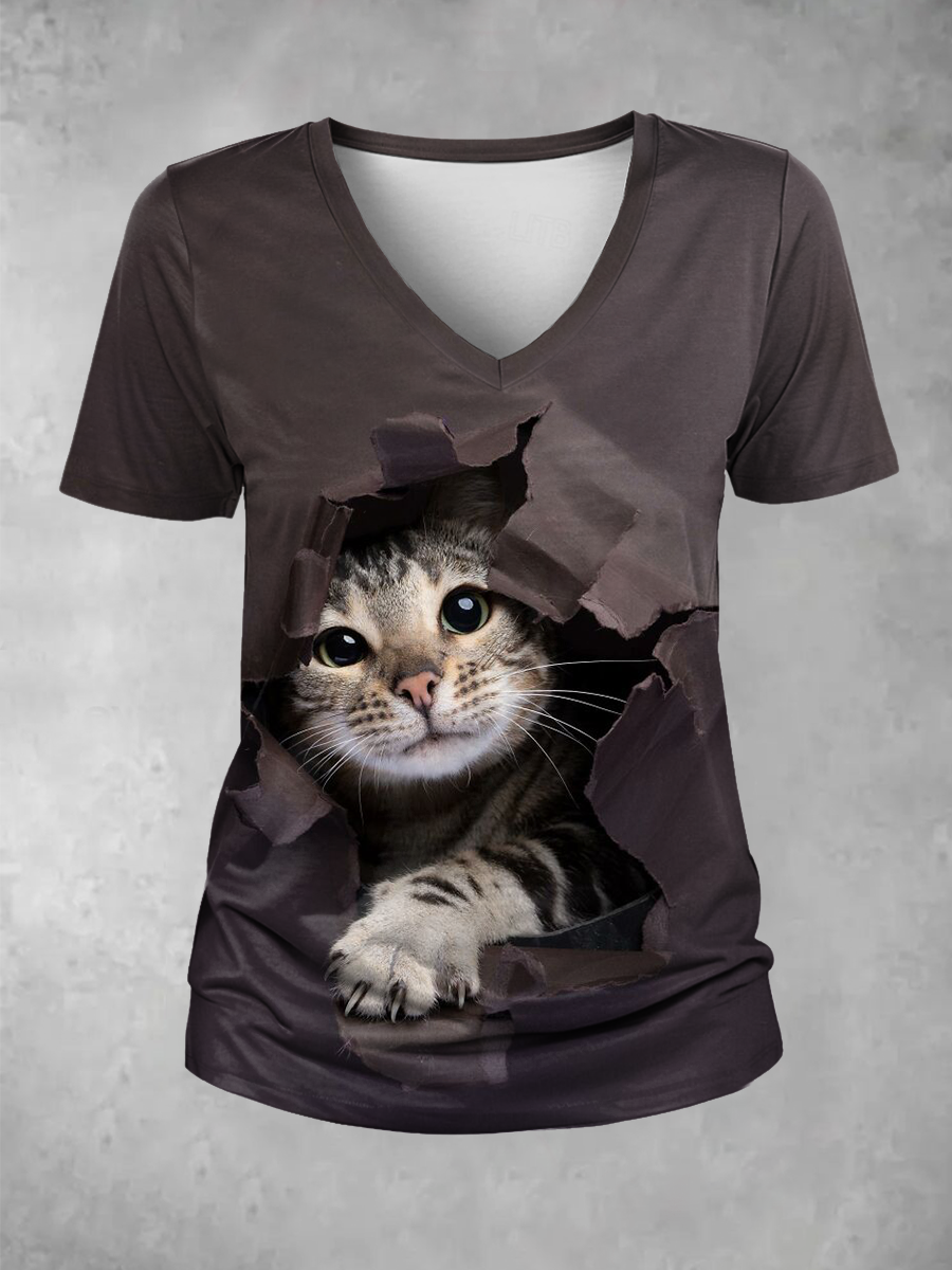 Women's Funny Cat Print V Neck T-Shirt