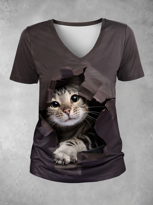 Women's Funny Cat Print V Neck T-Shirt
