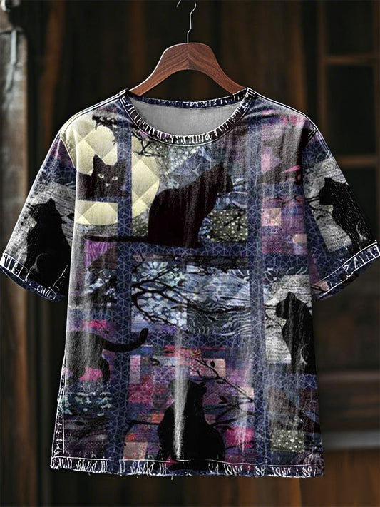 Women's Artistic Cat Patchwork Design Print T-Shirt
