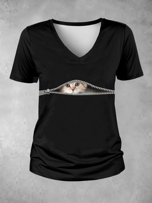 Women's Funny Zipper Cat Print V Neck T-Shirt