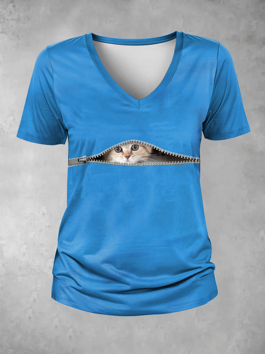 Women's Funny Zipper Cat Print V Neck T-Shirt