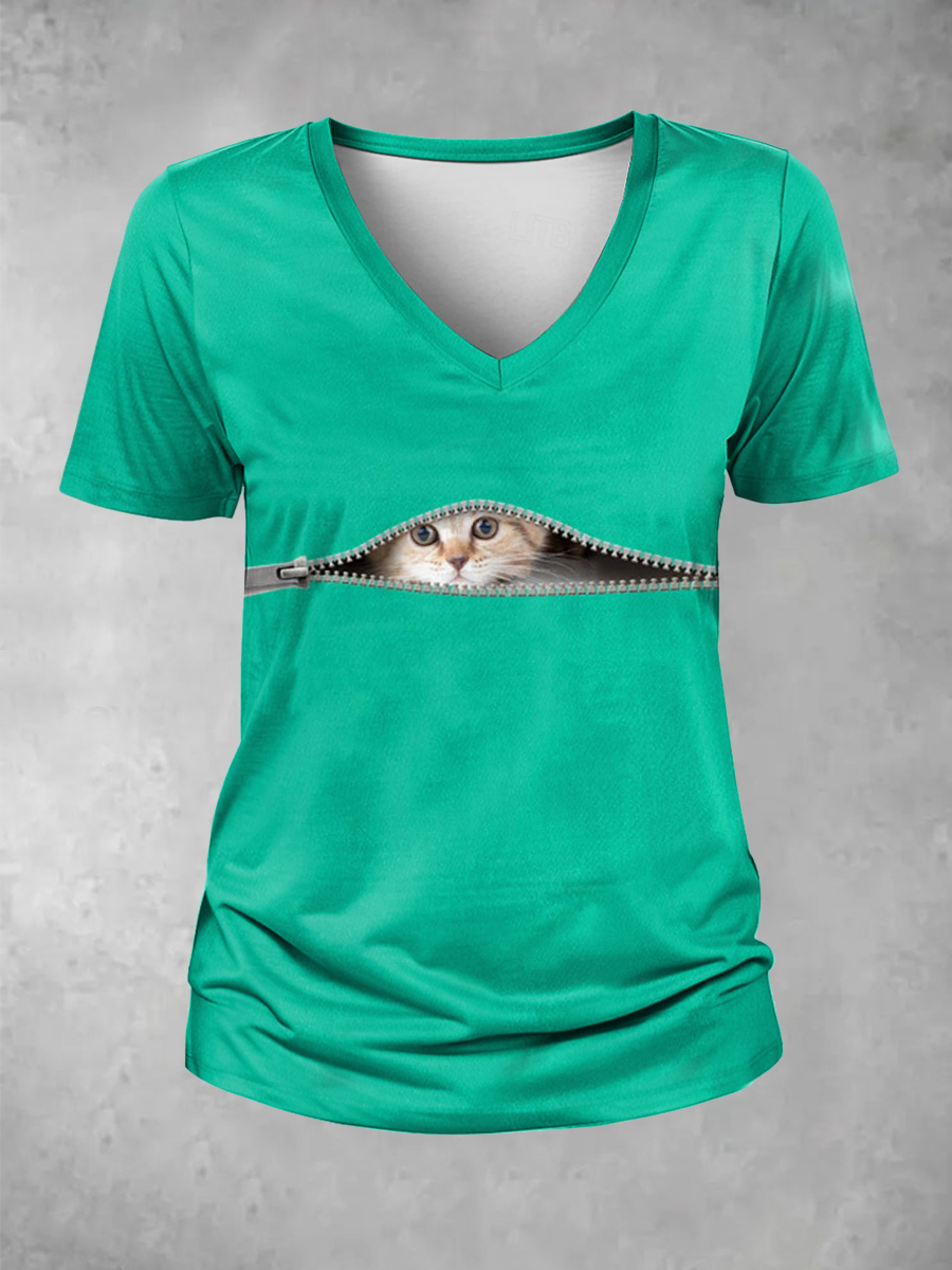 Women's Funny Zipper Cat Print V Neck T-Shirt
