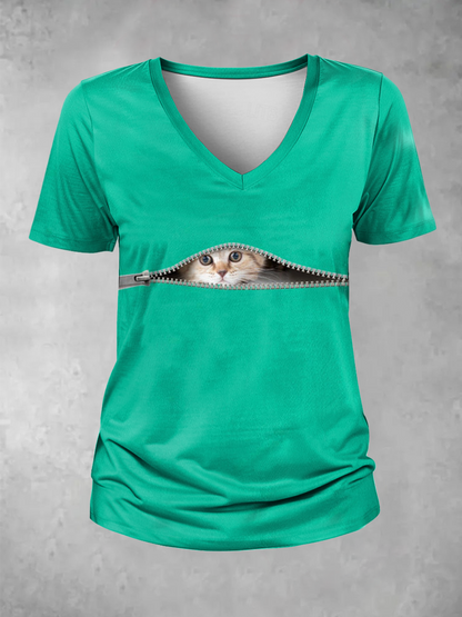 Women's Funny Zipper Cat Print V Neck T-Shirt