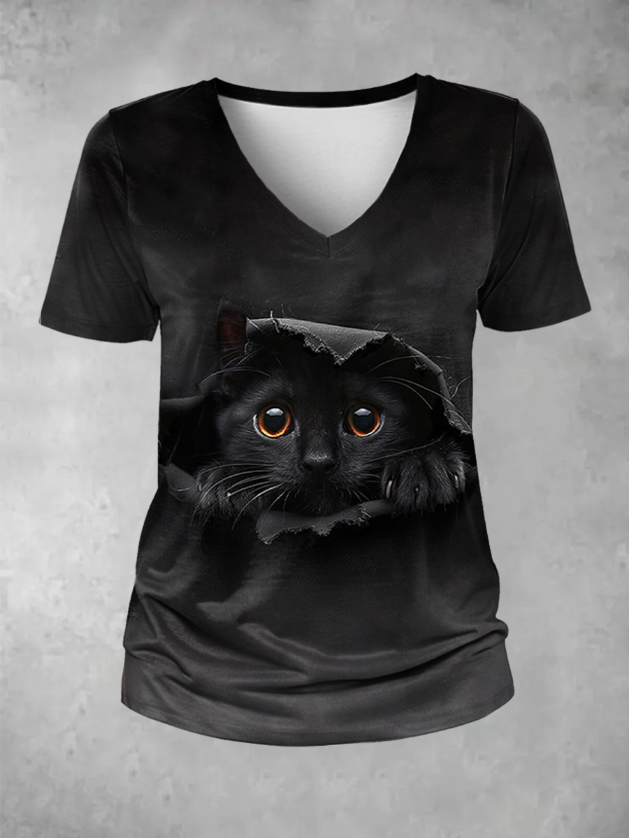 Women's Funny Cat Print V Neck T-Shirt