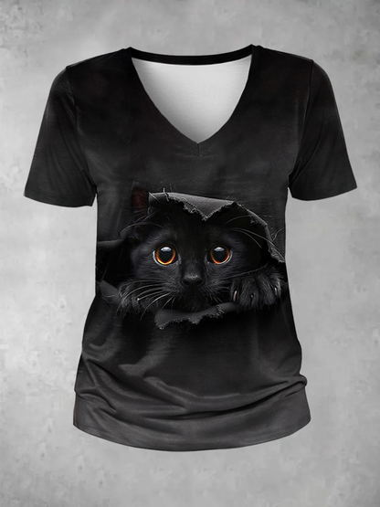 Women's Funny Cat Print V Neck T-Shirt