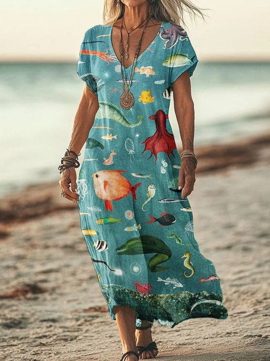 Women's Summer Seaside Vacation Style V-Neck Ocean Art Print Short Sleeve Cotton Dresses