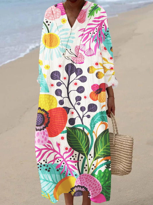 Women's V-neck Vintage Floral Print 3/4 Sleeve Cotton and Linen Dress