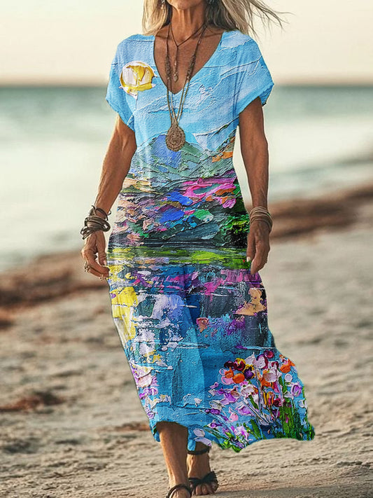 Women's Summer Seaside Vacation Style V-Neck Oil Painting Art Print Short Sleeve Cotton Dresses