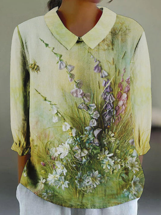 Women's 3D Floral Print 3/4 Sleeve Cotton and Linen Top