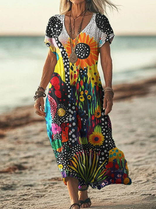 Women's V-neck Polka Dot Abstract Print Short Sleeve Cotton and Linen Flowing Dress