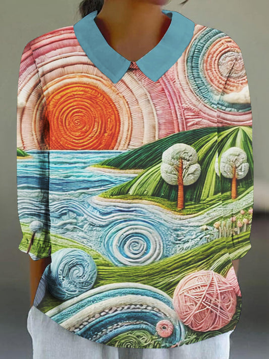 Women's 3D Natural Scenery Art Print 3/4 Sleeve Cotton and Linen Shirt