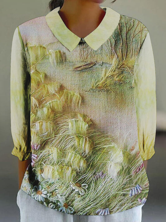 Women's 3D Floral Print 3/4 Sleeve Cotton and Linen Shirt