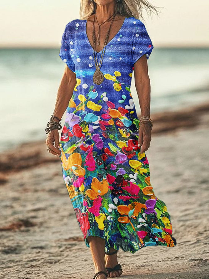 Women's Summer Seaside Vacation Style V-Neck Oil Painting Art Print Short Sleeve Cotton Dresses