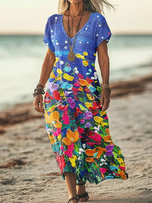 Women's Summer Seaside Vacation Style V-Neck Oil Painting Art Print Short Sleeve Cotton Dresses