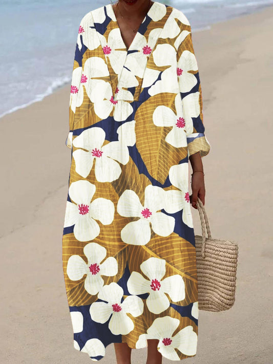 Women's V-neck Vintage Floral Print 3/4 Sleeve Cotton and Linen Dress
