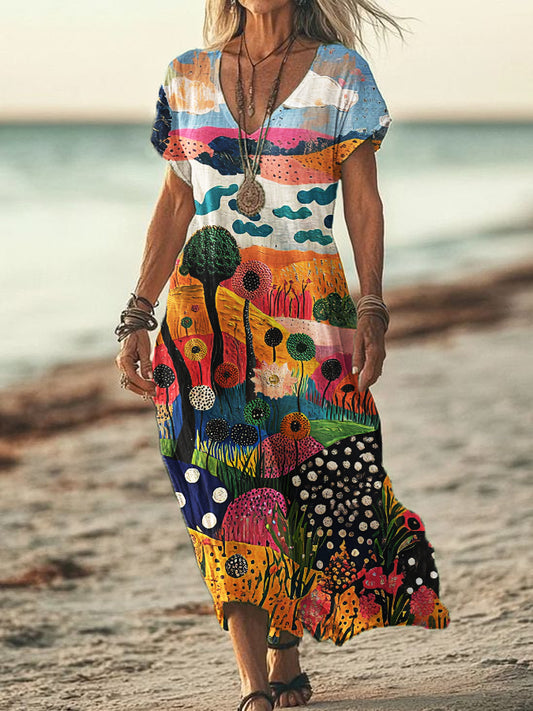 Women's V-neck Polka Dot Abstract Print Short Sleeve Cotton and Linen Flowing Dress