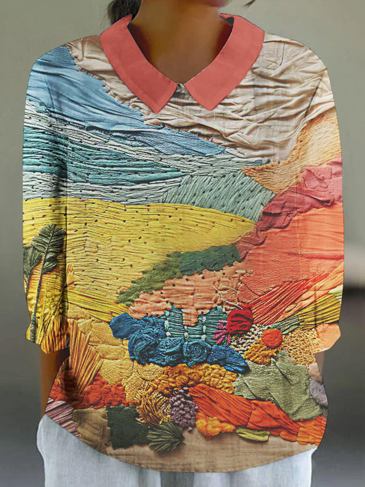 Women's 3D Natural Scenery Art Print 3/4 Sleeve Cotton and Linen Shirt