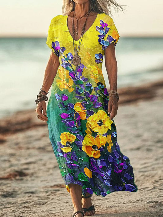 Women's Summer Seaside Vacation Style V-Neck Oil Painting Art Print Short Sleeve Cotton Dresses