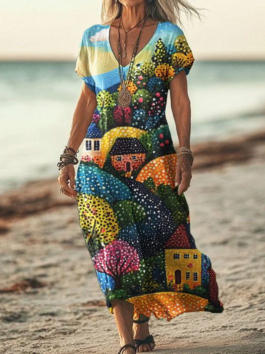 Women's V-neck Polka Dot Abstract Print Short Sleeve Cotton and Linen Flowing Dress