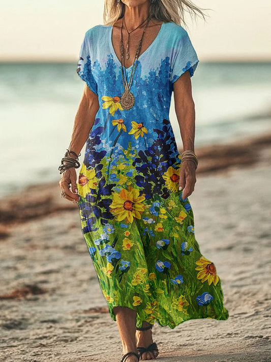 Women's Summer Seaside Vacation Style V-Neck Oil Painting Art Print Short Sleeve Cotton Dresses