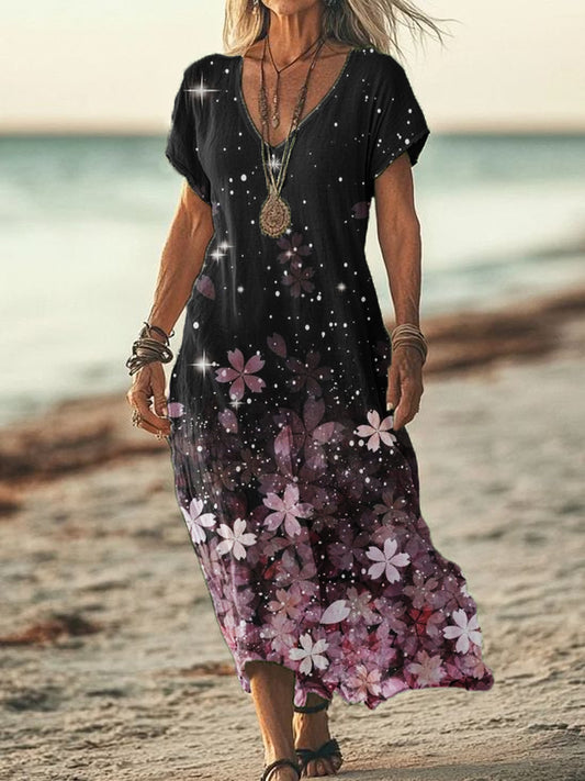 Women's Summer Seaside Vacation Style V-Neck Gradient Printed Short Sleeve Cotton Linen Dresses