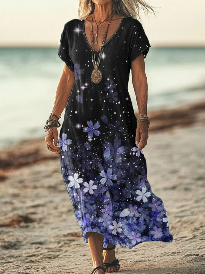 Women's Summer Seaside Vacation Style V-Neck Gradient Printed Short Sleeve Cotton Linen Dresses