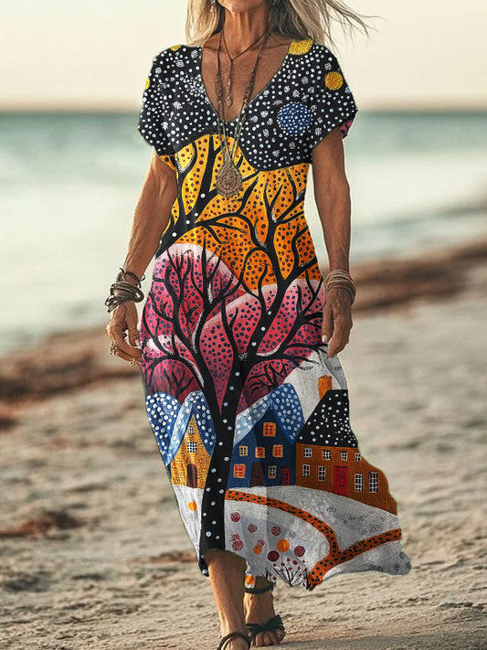 Women's V-neck Polka Dot Abstract Print Short Sleeve Cotton and Linen Flowing Dress