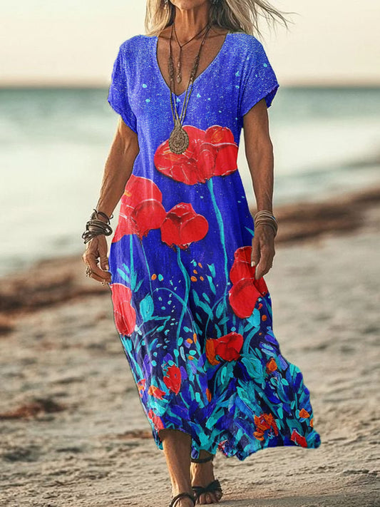 Women's Summer Seaside Vacation Style V-Neck Oil Painting Art Print Short Sleeve Cotton Dresses
