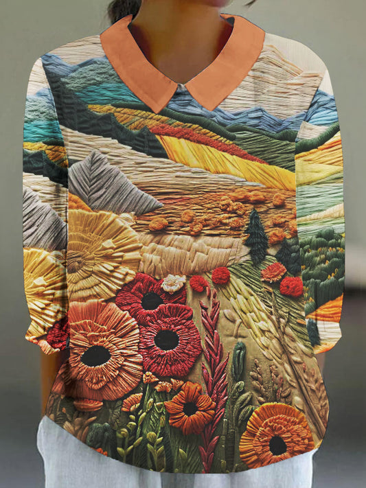Women's 3D Natural Scenery Art Print 3/4 Sleeve Cotton and Linen Shirt