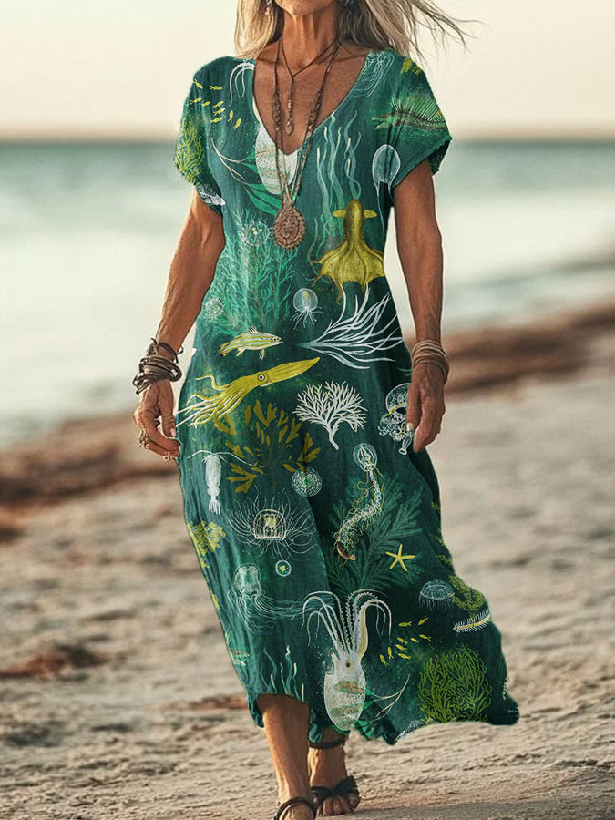 Women's Summer Seaside Vacation Style V-Neck Ocean Art Print Short Sleeve Cotton Dresses