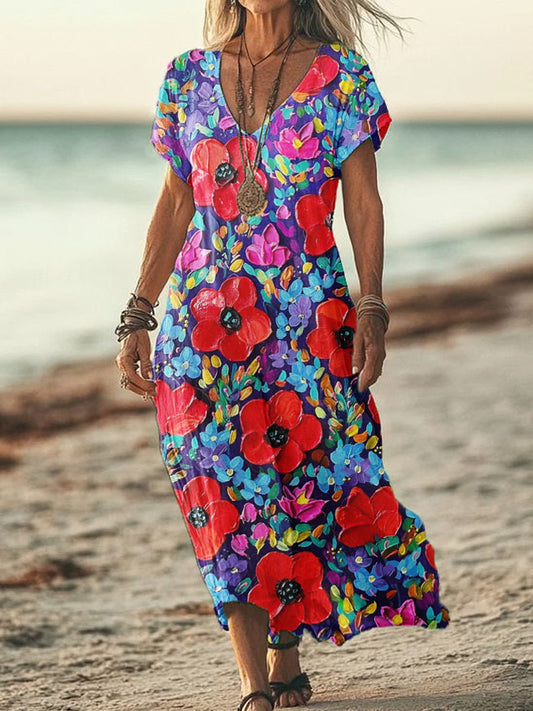 Women's Summer Seaside Vacation Style V-Neck Oil Painting Art Print Short Sleeve Cotton Dresses
