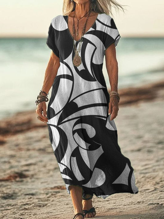 Women's V-neck Seaside Holiday Style Short-Sleeved Cotton And Linen Flowing Dress
