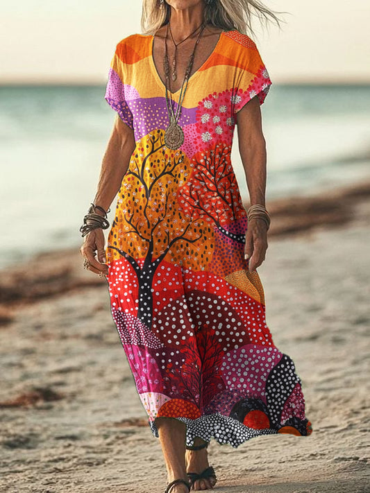 Women's V-neck Polka Dot Abstract Print Short Sleeve Cotton and Linen Flowing Dress