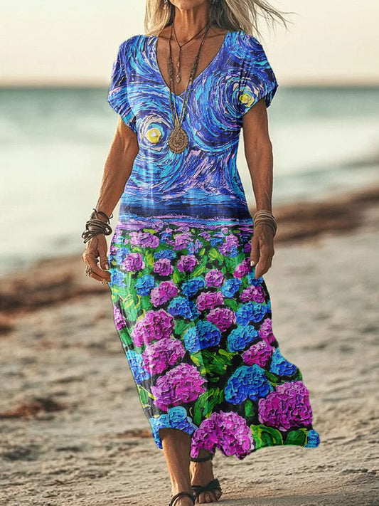 Women's Summer Seaside Vacation Style V-Neck Oil Painting Art Print Short Sleeve Cotton Dresses