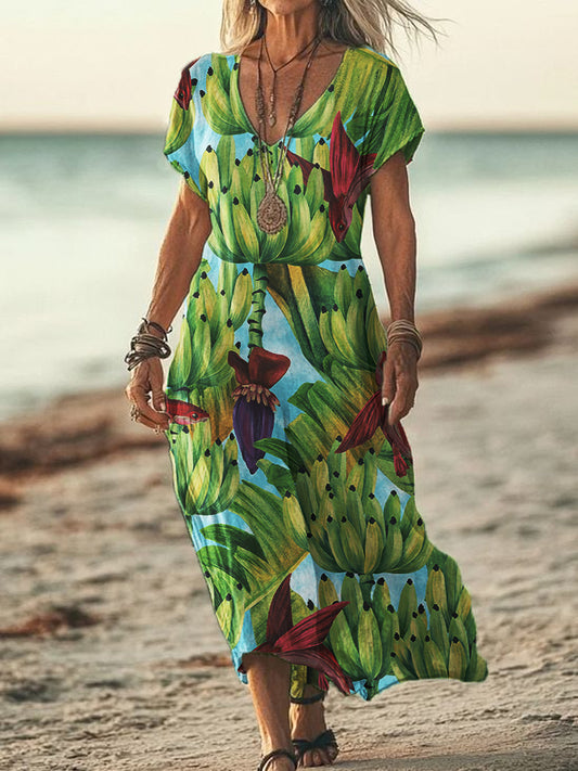 Women's V-neck Seaside Holiday Style Short-Sleeved Cotton And Linen Flowing Dress
