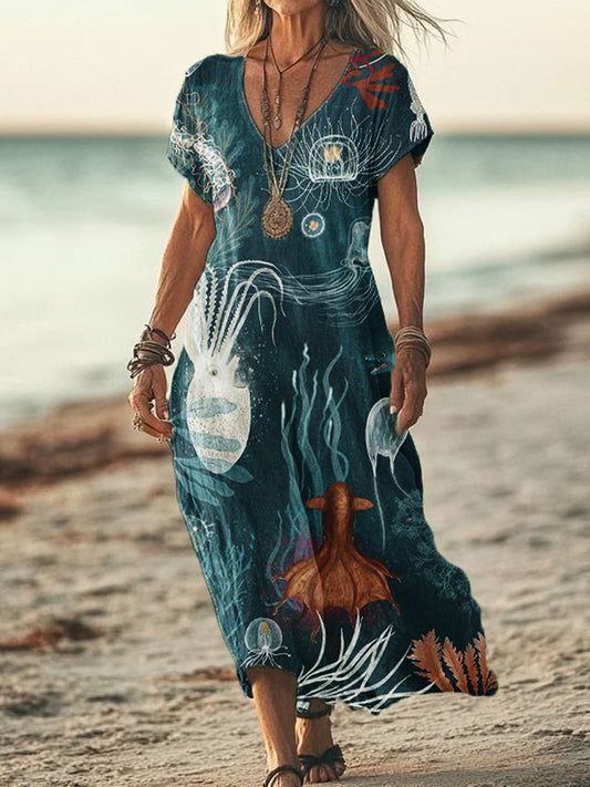 Women's Summer Seaside Vacation Style V-Neck Ocean Art Print Short Sleeve Cotton Dresses