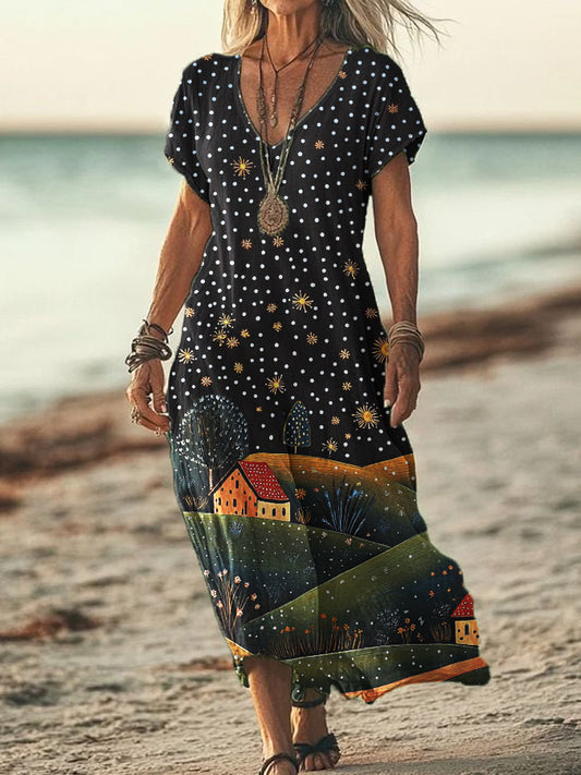 Women's V-neck Polka Dot Abstract Print Short Sleeve Cotton and Linen Flowing Dress