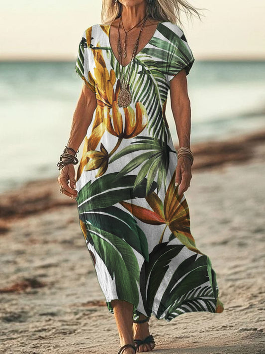 Women's V-neck Seaside Holiday Style Short-Sleeved Cotton And Linen Flowing Dress