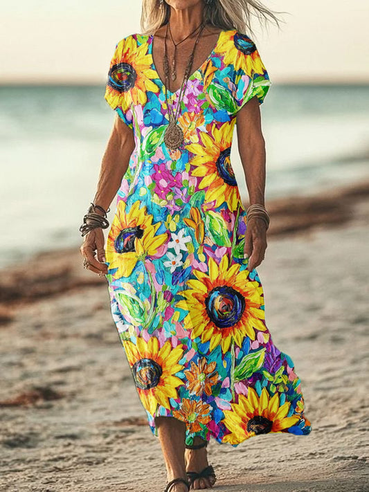 Women's Summer Seaside Vacation Style V-Neck Oil Painting Art Print Short Sleeve Cotton Dresses