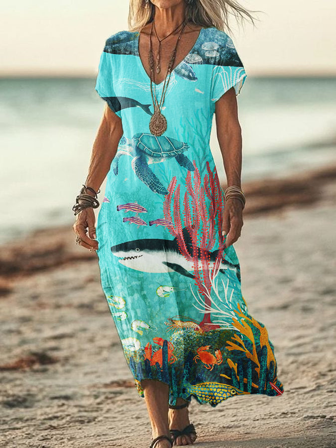 Women's Summer Seaside Vacation Style V-Neck Ocean Art Print Short Sleeve Cotton Dresses