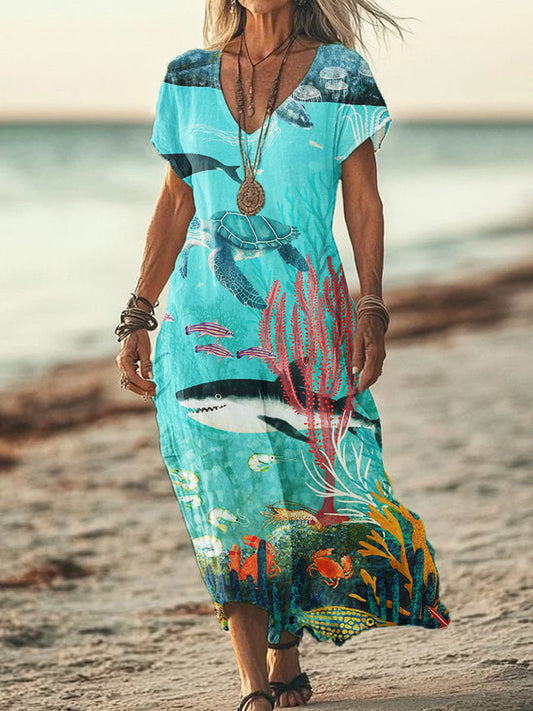 Women's Summer Seaside Vacation Style V-Neck Ocean Art Print Short Sleeve Cotton Dresses