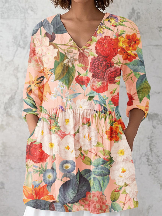 Women's Vintage Floral Print V-Neck 3/4 Sleeve Cotton and Linen Shirt