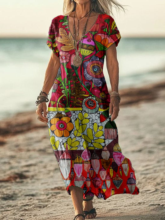Women's Abstract Floral Art Print V-Neck Short Sleeve Cotton and Linen Dress